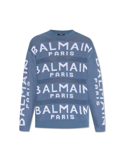 Balmain Blue Sweater With Logo, for men