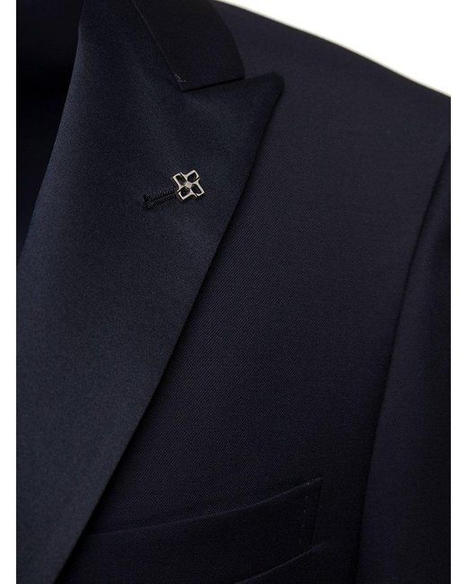 Tagliatore Blue Single-Breasted Jacket With Logo Charm for men
