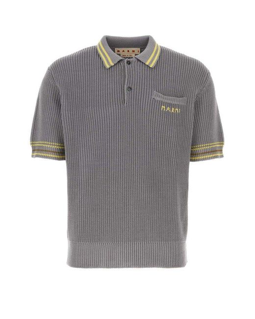 Marni Gray Logo Embroidered Short Sleeved Knitted Polo Shirt for men