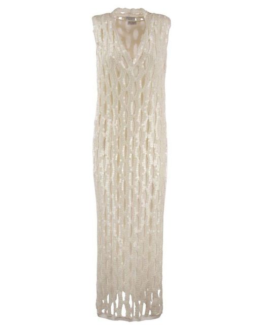 Brunello Cucinelli White Linen And Silk Knit Dress With Sequins