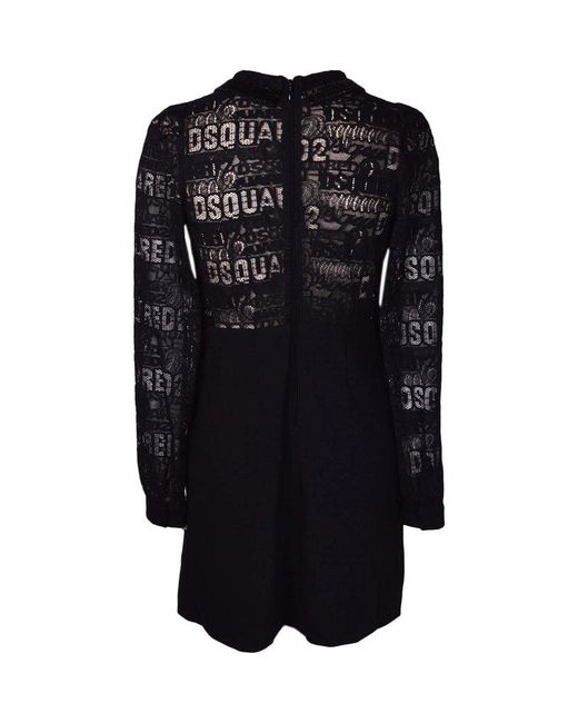 DSquared² Black Lace Detailed Straight Hem Dress