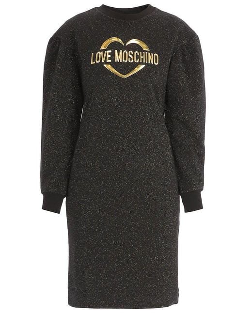 Love Moschino Black Logo Detailed Puff Sleeved Dress