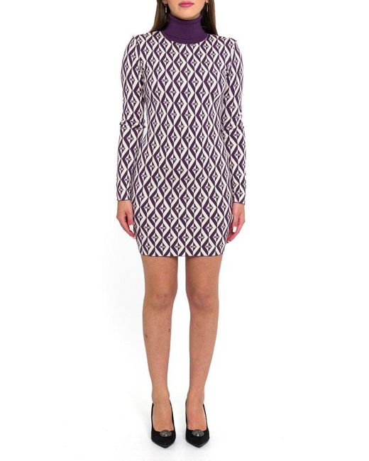 Elisabetta Franchi Purple Ikat-pattern Roll-neck Knitted Mini Dress