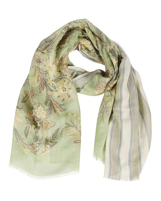 Etro Green Floral Pattern Frayed Edge Scarf for men