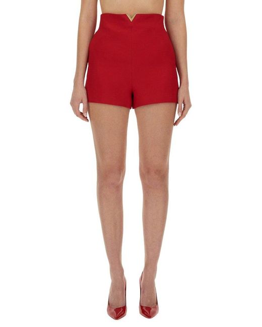 Valentino Red Crepe Couture Logo Plaque Shorts