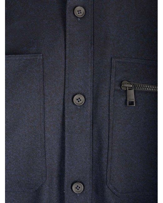 Zegna Blue Buttoned Long-sleeved Shirt Jacket for men