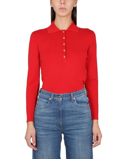 Gucci Red Half Buttoned Long Sleeve Polo Shirt
