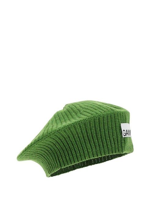 Ganni Green Rib-knitted Beret Hat
