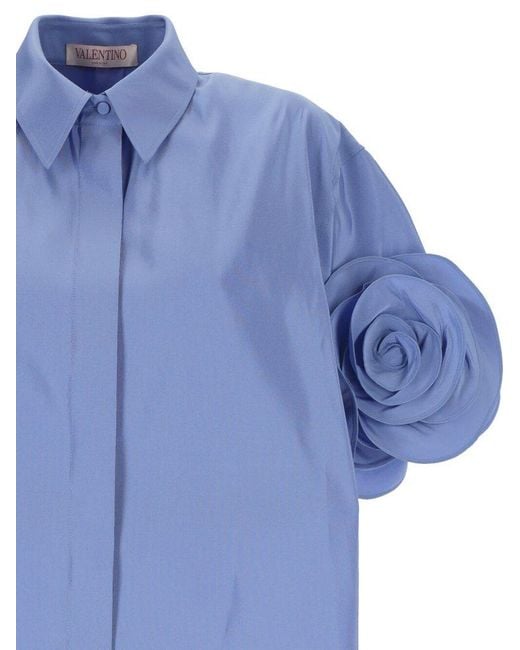 Valentino Blue Floral Embellished Short-sleeved Shirt