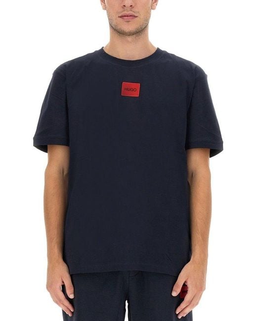 HUGO Cotton T-shirt With Logo Embroidery in Blue for Men - Save 45% ...