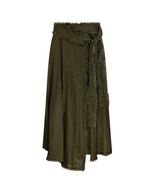 P.A.R.O.S.H. Green Flowing Linen Skirt With Frayed Hem