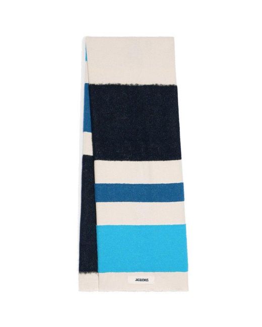 Jacquemus Blue Alpaca-Cotton Tricolor Striped Fringed Scarf