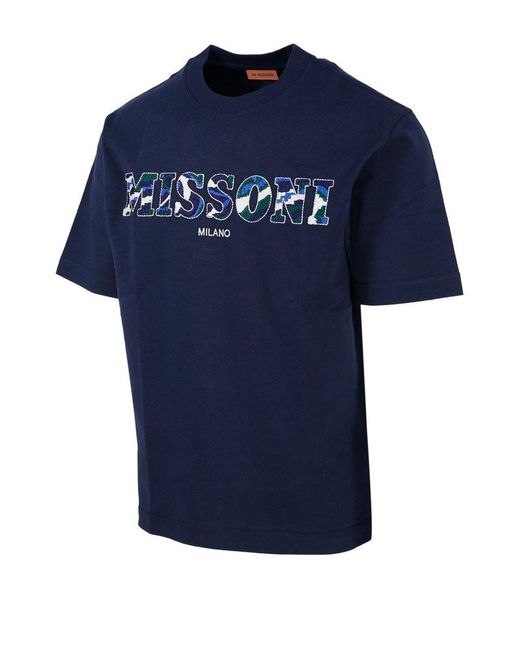 Missoni Blue Logo Embroidered Crewneck T-shirt for men
