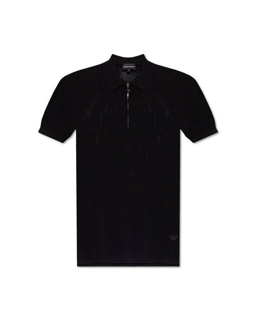 Emporio Armani Black Openwork Polo Shirt for men