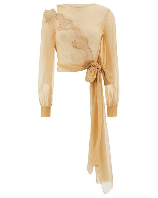 Alberta Ferretti Natural Long Sleeve Blouse With Lace Insert And Bow In
