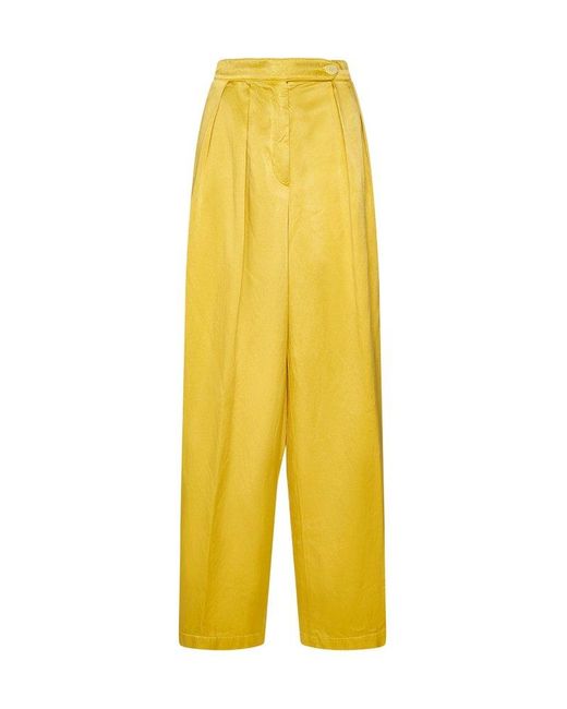 Dries Van Noten Yellow Pleat Detailed Wide-leg Trousers