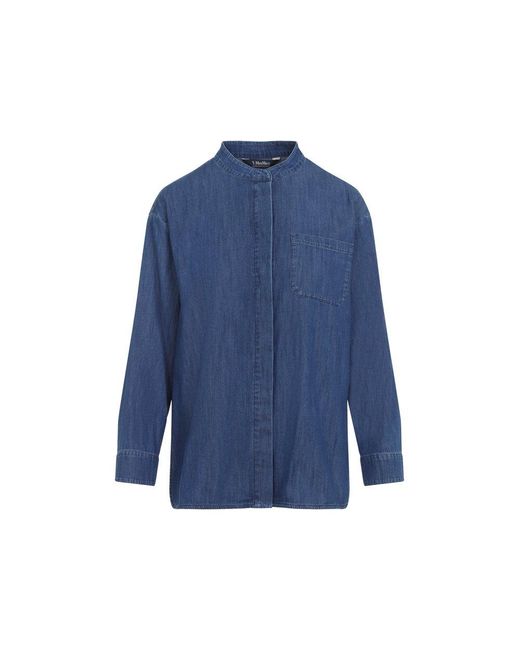 Max Mara Blue Relaxed-Fit Cotton Blouse With Stand-Up Collar