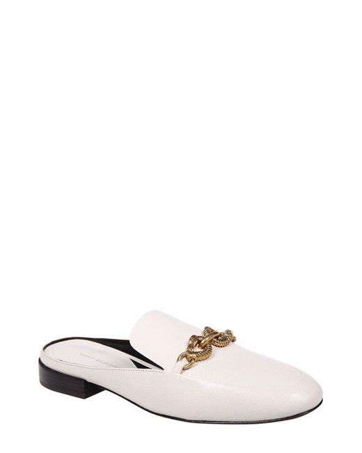 Tory Burch White Jessa Logo Plaque Backless Loafers