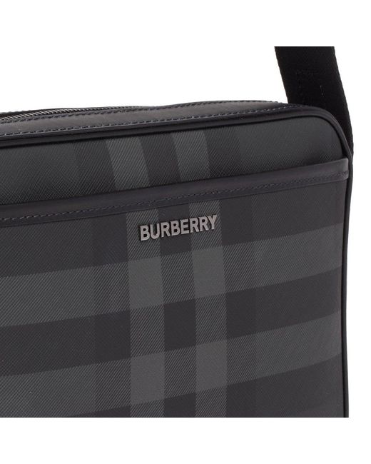 Burberry Black Logo Plaque Checked Messenger Bag for men