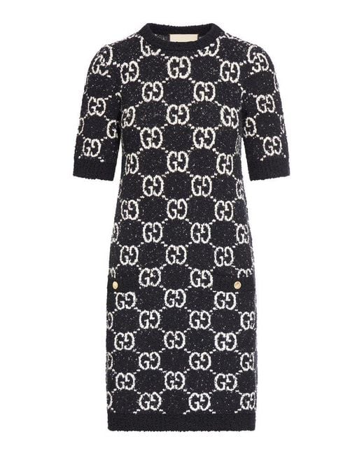 Gucci Black GG Jacquard Short Sleeve Dress