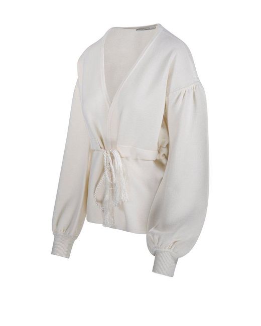 Max Mara White Tiberio V-Neck Tassel Detailed Cardigan