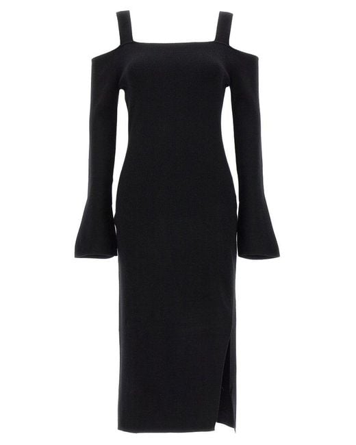 Twin Set Black Off-shoulder Ribbed-knitted Midi Dress