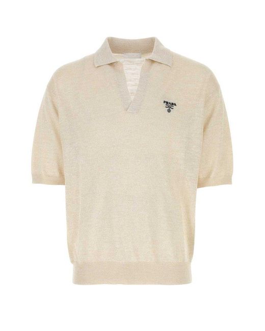 Prada White Logo Embroidered Short Sleeved Knitted Polo Shirt for men