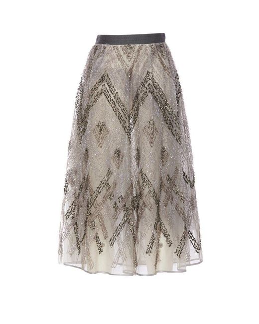 Elisabetta Franchi Gray Chevron Pattern Sequin Embroidered Midi Tulle Skirt