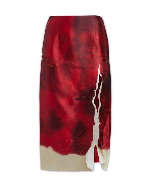 Prada Red Abstract-print Slit Pencil Skirt