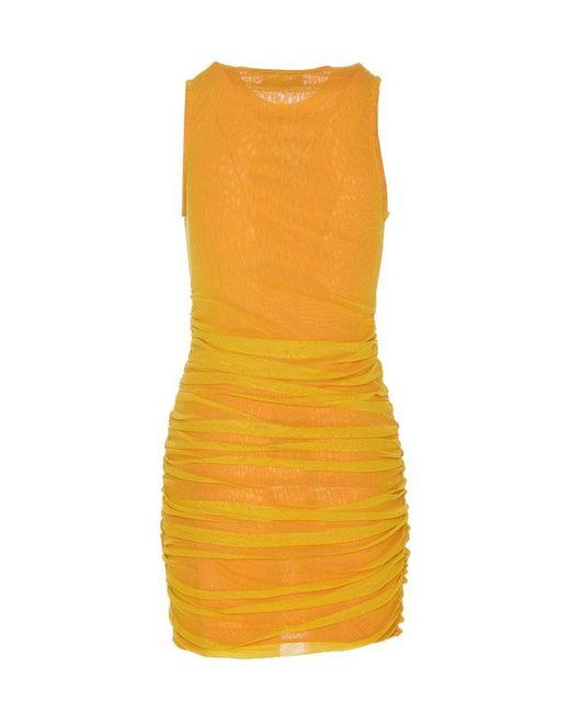 Saint Laurent Orange Ruffled Crewneck Sleeveless Dress