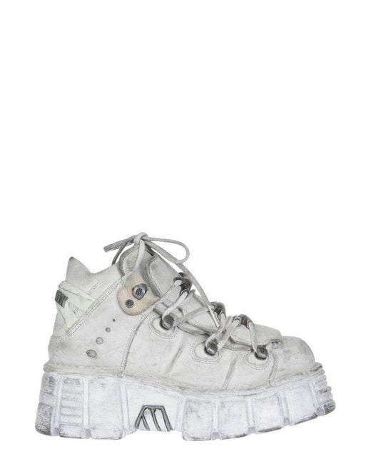 New Rock White Distressed-effect Platform Lace-up Sneakers