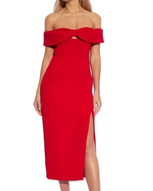 Self-Portrait Red Off The Shoulder Bow-detailed Midi Dress