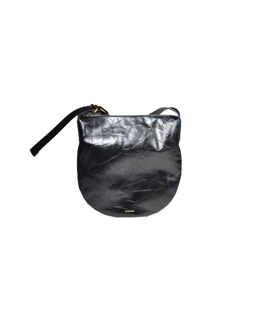 Jil Sander Black Logo Detailed Small Moon Shoulder Bag
