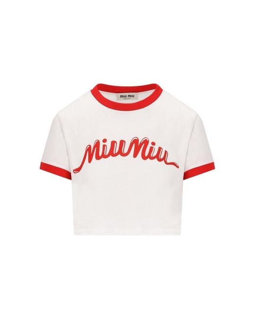 Miu Miu Red Logo-printed Cropped T-shirt