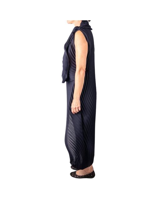 Issey Miyake Blue Pleated Asymmetric Maxi Dress