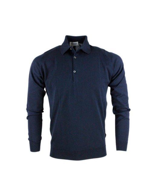 John Smedley Blue Bradwell Long-sleeved Polo Shirt for men