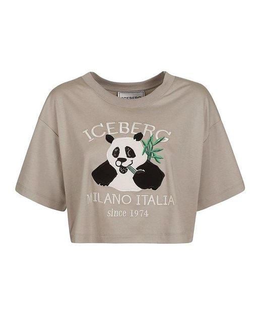 Iceberg Gray Panda Printed Crewneck Cropped T-shirt