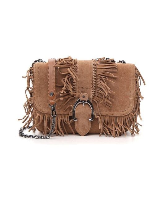 Longchamp Fringed Front Flap Crossbody Bag in Natural | Lyst