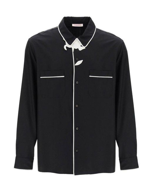 Valentino Black Flower-appliqué Straight Hem Pajama Shirt for men
