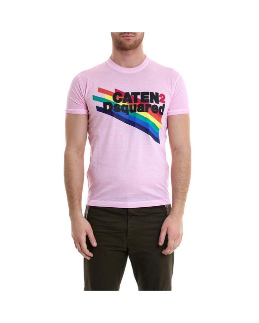 DSquared² Pink Rainbow Printed Crewneck T-shirt for men