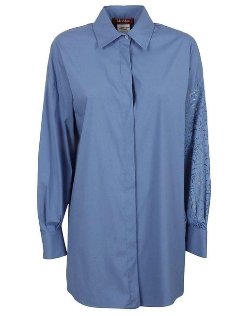 Max Mara Studio Blue Lace Detailed Long-sleeved Shirt