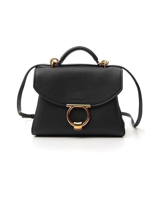 Ferragamo Black Gancini Foldover Top Handle Bag