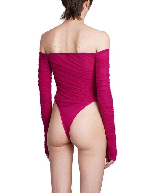 Mugler Pink Off-shoulder Long Sleeved Ruched Mesh Bodysuit