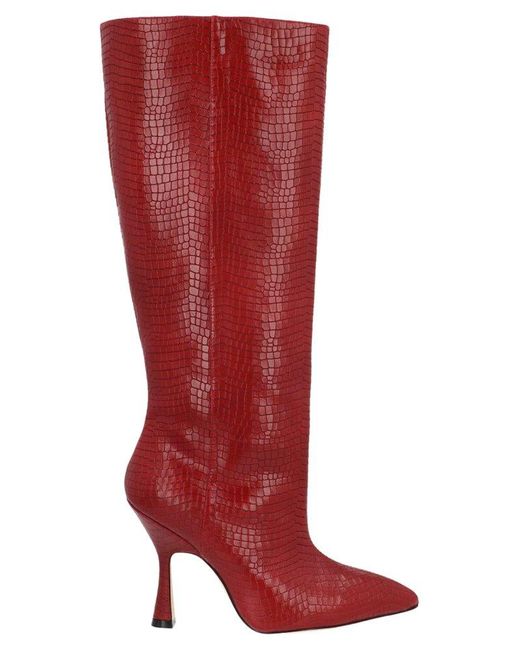 Stuart Weitzman Leather Parton Embossed Knee-high Boots in Red - Lyst