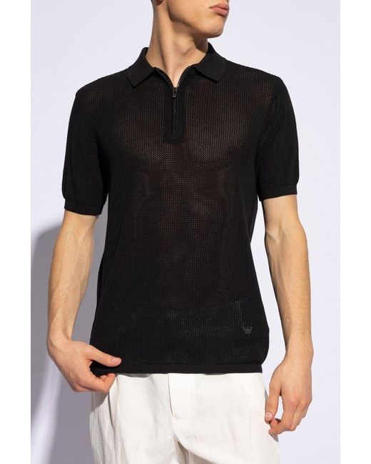 Emporio Armani Black Openwork Polo Shirt for men
