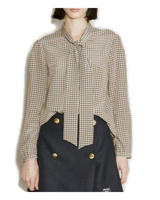 Prada Gray Houndstooth-jacquard Pussy-bow Detailed Blouse