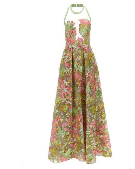 Elie Saab Multicolor Floral Embroidered Semi-sheer Halterneck Dress