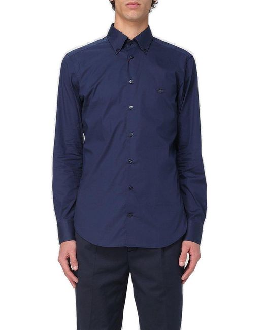 Etro Blue Plain-Coloured Button-Down Shirt for men