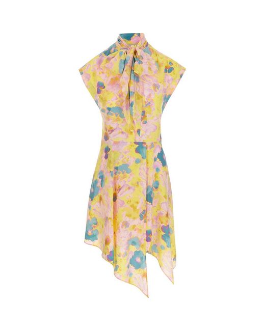 Stella McCartney Yellow Asymmetric-hem Floral Printed Scarf-neckline Dress