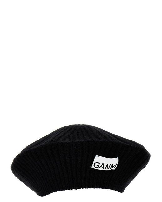 Ganni Black Logo Ribbed Beanie Hats